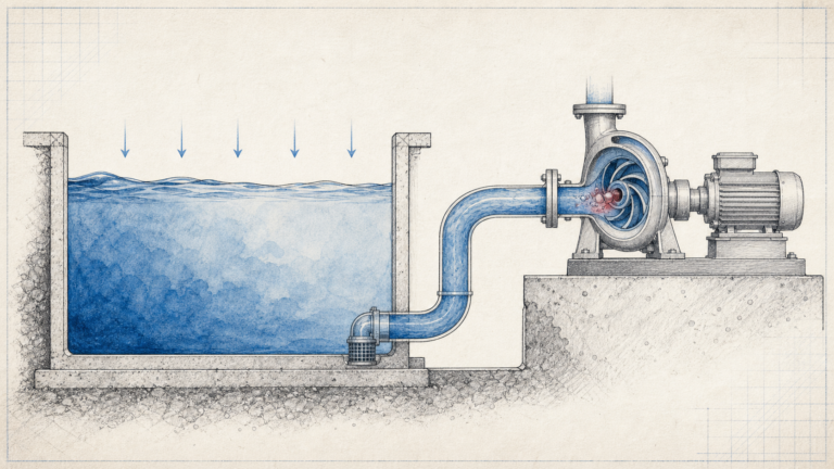 Engineering section sketch of an open water tank feeding a centrifugal pump with vapour bubbles forming near the impeller inlet