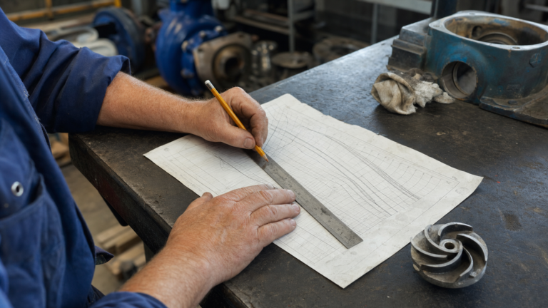 Pump engineer tracing a centrifugal pump performance curve on a workshop bench beside an impeller and pump casing