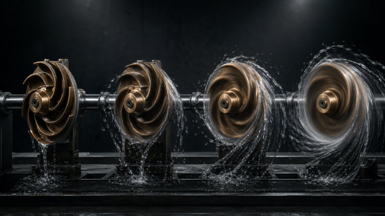 Four identical bronze pump impellers shown at progressively higher rotational speeds with increasing water motion