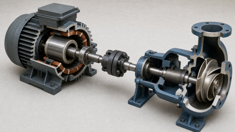Cutaway electric motor, coupling and centrifugal pump revealing the complete shaft and impeller power path