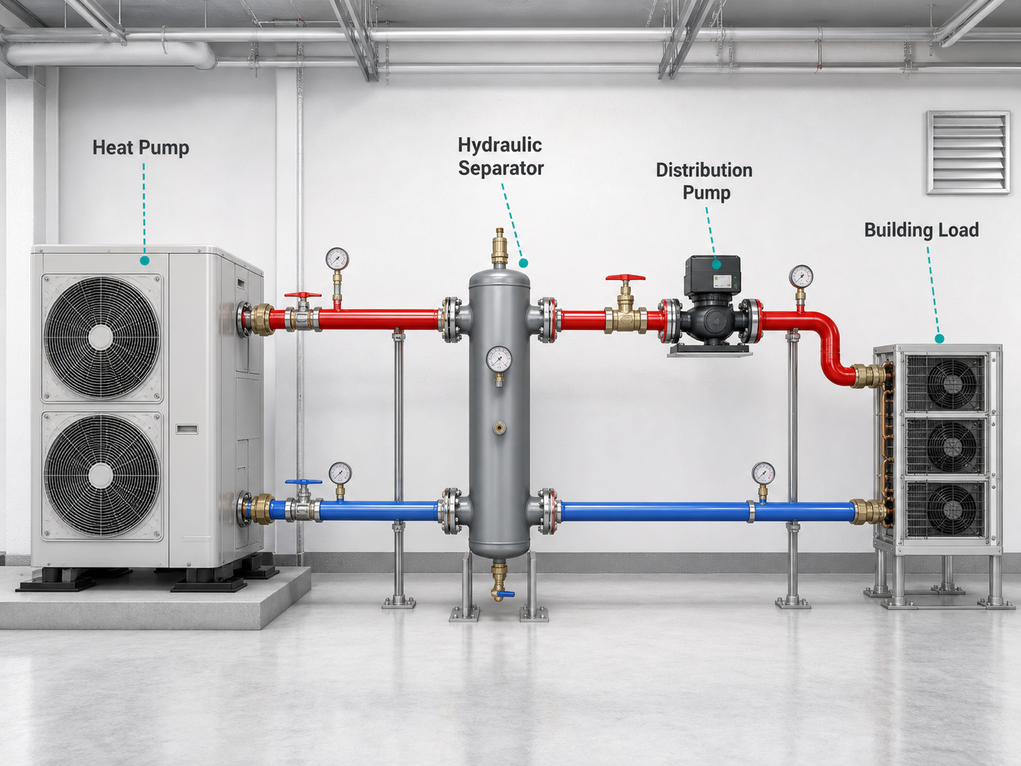 Primary and secondary hydronic pumping arrangement for an HVAC system