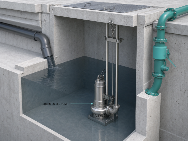 Wastewater collection and sewage pump system for a commercial or municipal building