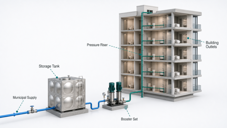 Multi-storey building water supply system with booster pumps, pressure zones and storage tanks