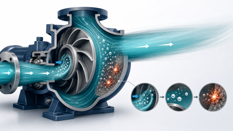 Centrifugal pump cutaway showing vapor bubbles forming near the impeller eye and collapsing downstream