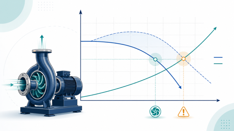 Centrifugal pump sizing curves showing the correct duty point and an oversized operating point
