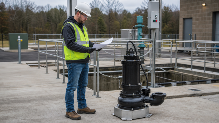 Wastewater engineer inspecting a submersible sewage pump beside an open wet well and a marked-up duty sheet