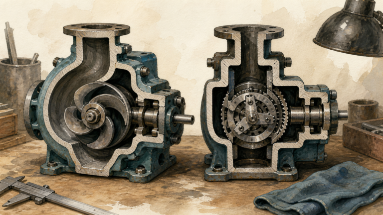 Two cutaway wastewater pump heads on a workshop bench, one with a channel impeller and one with a cutting mechanism