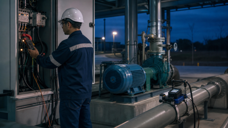 Energy engineer measuring electrical input and water flow on an operating pump system during a plant audit