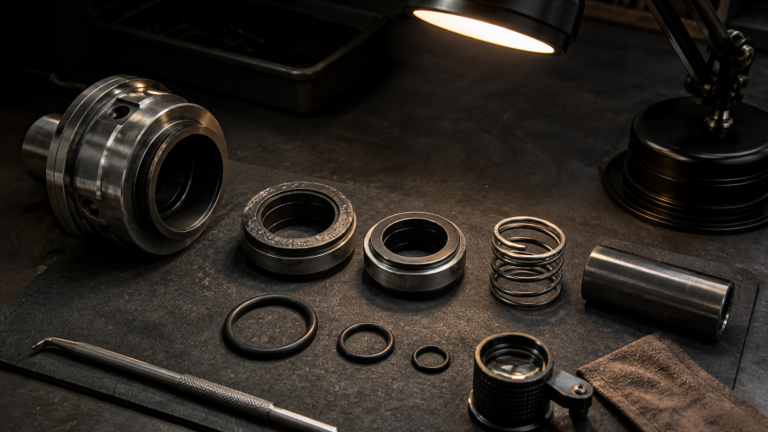 Mechanical seal faces, elastomers, springs and deposits arranged under a bright inspection lamp